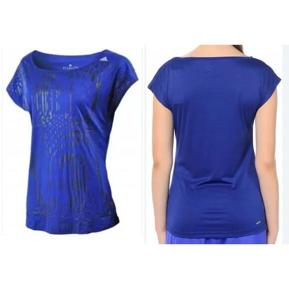 Adidas Climalite Graphic Scoop Neck‎ Top LARGE Graphic Activewear Pullover Blue - Picture 4 of 11